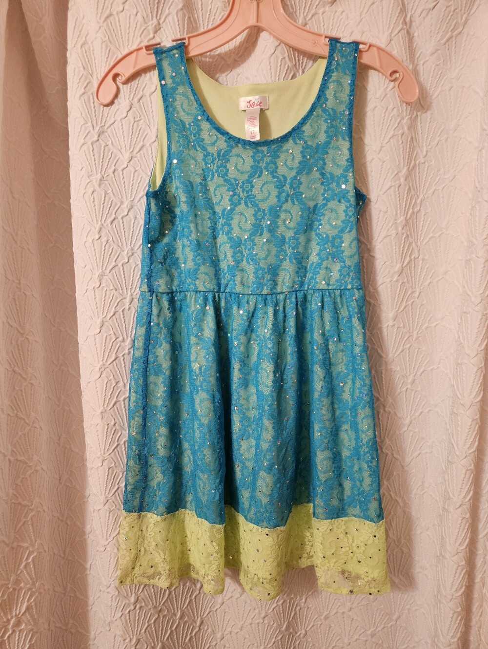 Justice     Teal Lace Dress with Lime Eyelet Hem